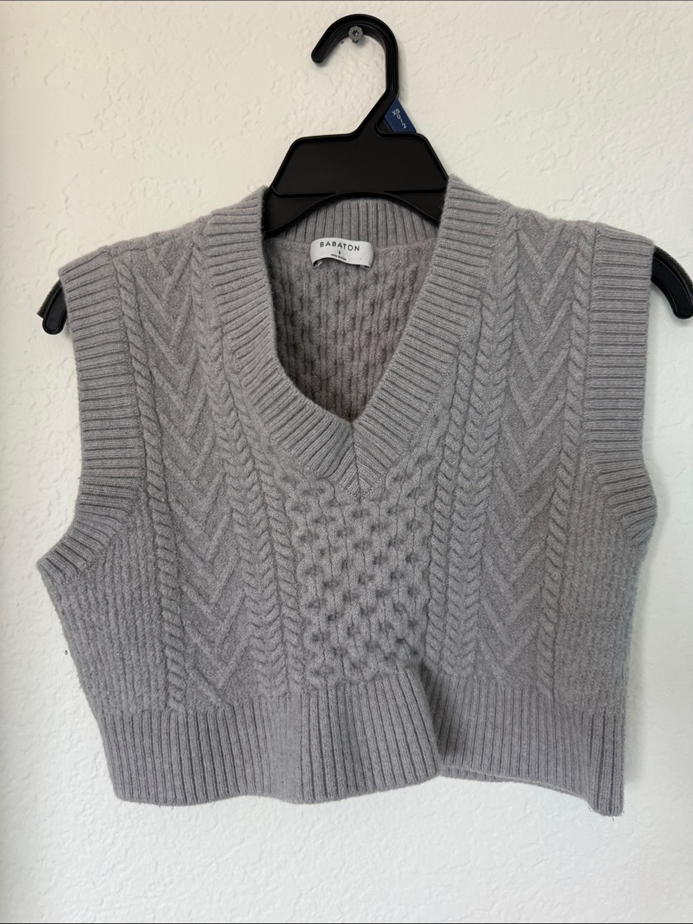 Babaton Light Gray Cable-Knit V-Neck Sweater Vest